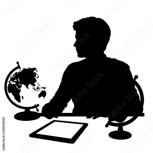 Silhouette of translator at desk with globe and tablet, remote work setup