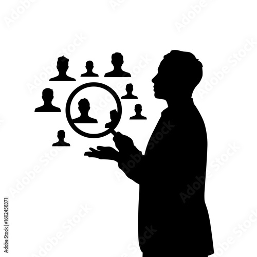 Silhouette of freelancer selecting profiles with magnifying glass – Talent search, skill match