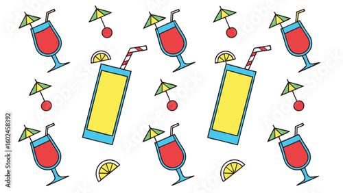 Red cocktails and yellow drinks with umbrellas and lemons