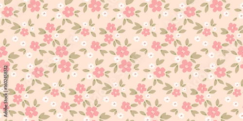 Seamless floral pattern, liberty ditsy print of mini plants in delicate pastel colors. Cute botanical textile design of small hand drawn flowers, tiny leaves, simple bouquets. Vector illustration.