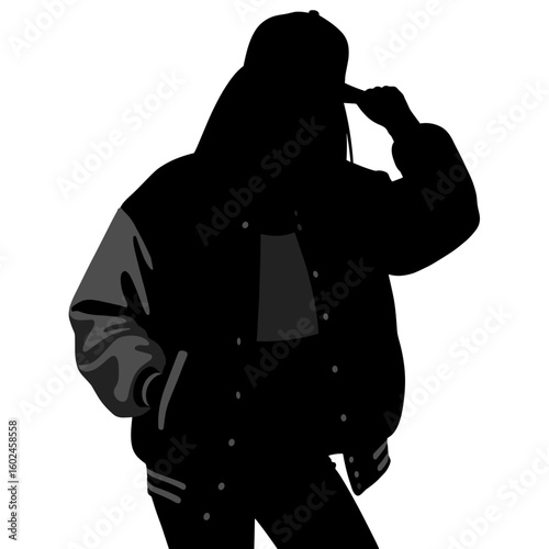 Silhouette of girl adjusting snapback hat in varsity jacket, retro youth style