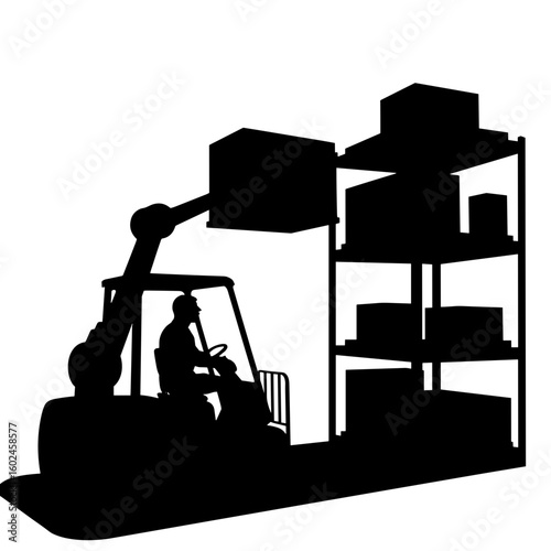 Silhouette of robotic forklift lifting pallet onto high shelf, warehouse elevation