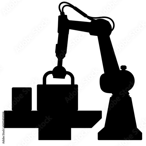 Silhouette of robotic arm placing box on conveyor belt – Industrial automation, task efficiency