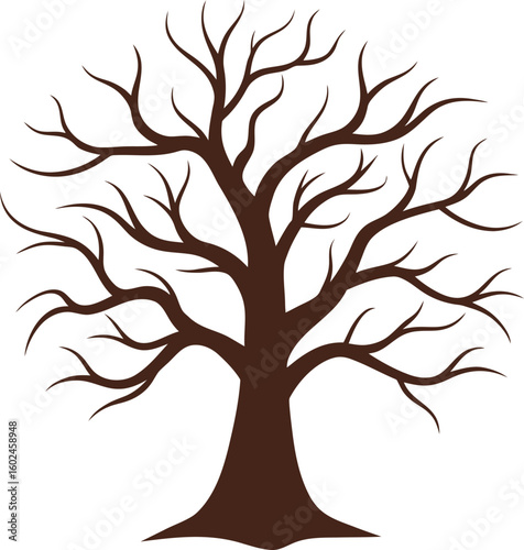 Dark brown bare tree silhouette with spreading branches against white background vector
