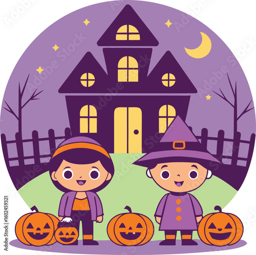 Two cute cartoon children in Halloween costumes stand in front of a haunted house with pumpkins