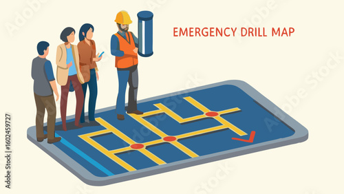 People standing on a map with a worker in a hard hat and safety vest during an emergency drill exercise