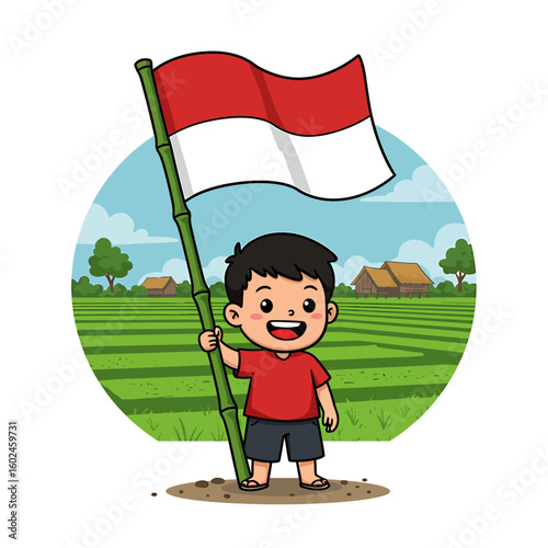 A cartoon boy holding an Indonesian flag in a rural setting, smiling happily.