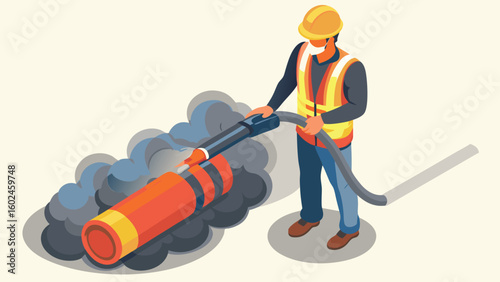 Worker in safety gear operating a smoke extraction device with a large orange and black striped nozzle