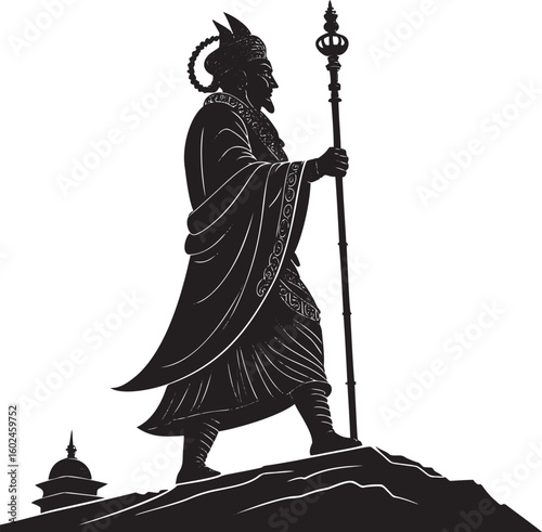 Regal figure holding staff on rocky terrain silhouette