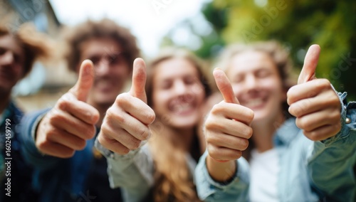 A group of cheerful young adults expresses approval and positivity by giving enthusiastic thumbs up gestures, creating a sense of unity and optimism.