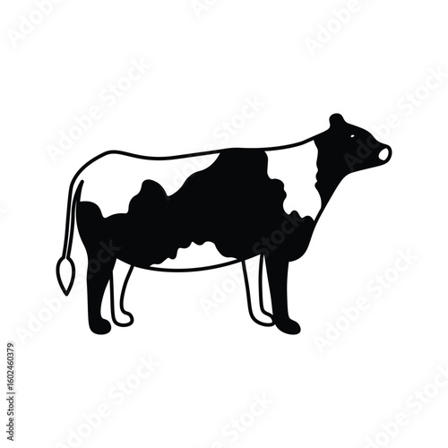 Cow icon. Simplified representation of a dairy cow, a staple in agricultural imagery, associated with milk and beef production. Ideal for agricultural businesses. Vector illustration.