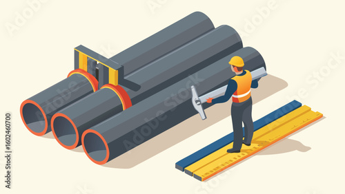 Isometric view of worker inspecting pipes with caliper for construction and industrial projects use