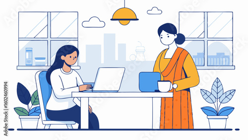 Minimal line art of Indian customer receiving information at service desk.