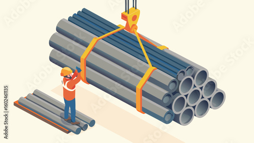 Isometric view of construction worker guiding crane lifting bundle of pipes at construction site