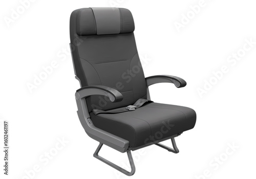 A Single Airplane Seat Dark Upholstery and Metal Frame