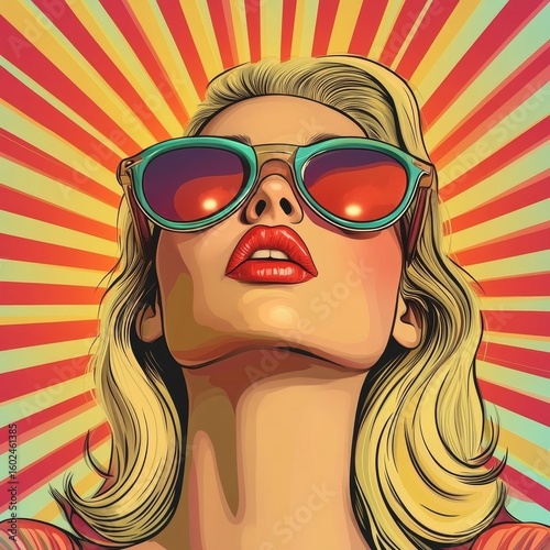 Pop art retro-style illustration showcasing a blonde young woman wearing sunglasses, placed against a vibrant, colorful background, Generative AI