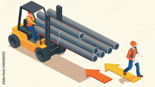 Isometric illustration of a forklift carrying pipes with a worker following arrows on the ground