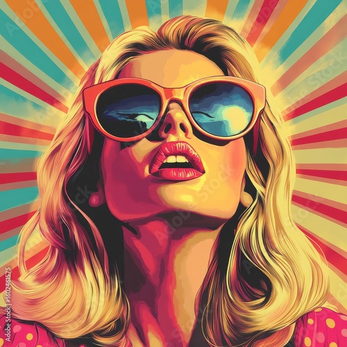 Pop art retro-style illustration showcasing a blonde young woman wearing sunglasses, placed against a vibrant, colorful background, Generative AI
