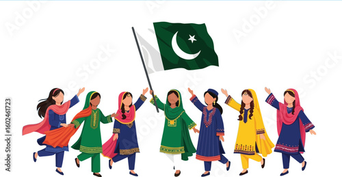 Pakistan independence day celebration with women holding pakistan flag art