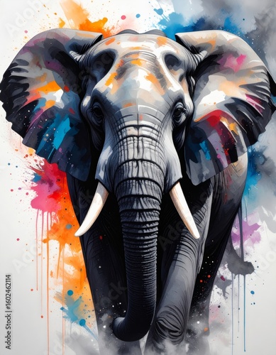 An expressive and colorful watercolor illustration of a powerful elephant with large tusks and a long trunk, set against a dynamic background of abstract paint splatters.
