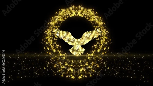 
Majestic Golden Eagle With Shimmering Gold Stars And Abstract Particles On A Dark Background, A Majestic Golden Eagle With Outstretched Wings,dazzling Circle Of Shimmering Gold Particles, Perfect For