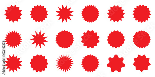 Set of red star burst shape tags for price. Circle sticker set. Wavy edge promo black badges.  Blank sale stickers. Simple silhouette. Flat vintage labels isolated on transparent background.