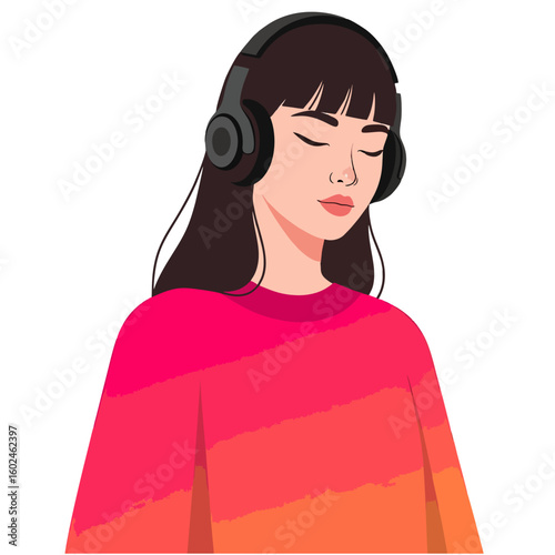 Serene young woman with closed eyes and headphones, enjoying music, podcast, or audiobook for relaxation and mindfulness.