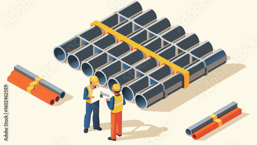 Isometric illustration of construction workers inspecting stacked pipes with yellow supports and bundles