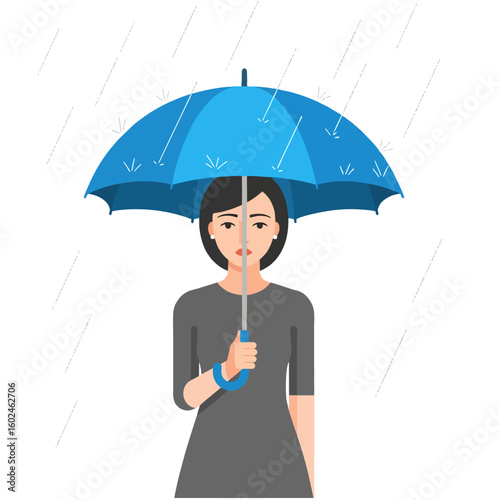 Sad woman holding a large blue umbrella while standing in the pouring rain. A vector illustration representing melancholy and solitude.