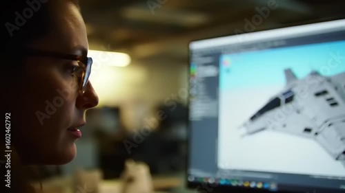 Person analyzing a 3D model of a futuristic spacecraft on a computer in a design studio