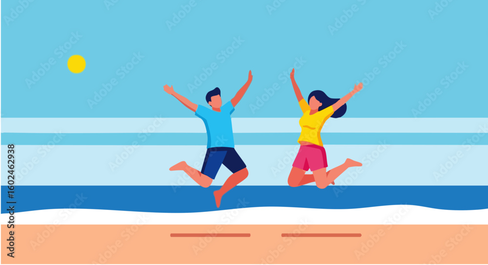 Obraz premium Man and Woman Jumping on Beach with Arms Raised – Minimalist Flat Design Illustration