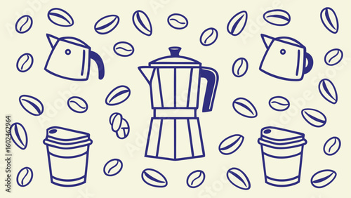Blue coffee cups and moka pot with scattered coffee beans