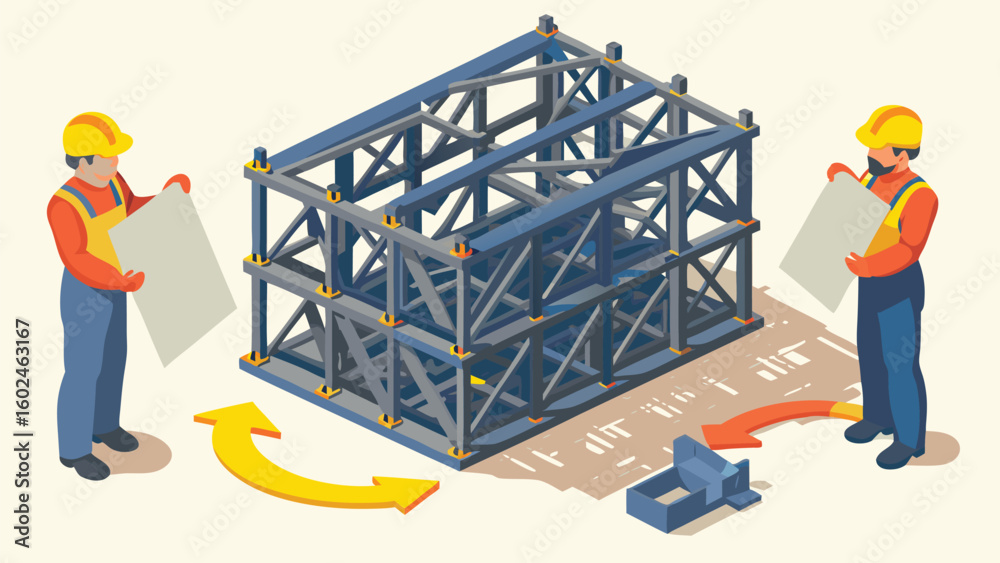 Two construction workers assembling a metal frame structure with arrows indicating direction and placement