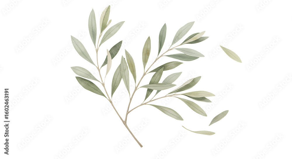 Fototapeta premium Watercolor Olive Branch with Green Leaves Transparent Background