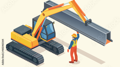 Isometric view of an excavator lifting a metal beam with a construction worker assisting it carefully