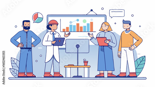 Group of financial experts studying market growth and decline in upscale office interior. Business professionals examining investment charts and economic performance trends.

