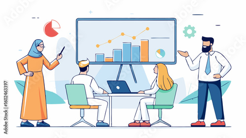 Group of financial experts studying market growth and decline in upscale office interior. Business professionals examining investment charts and economic performance trends.

