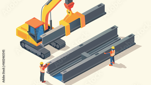 Isometric view of construction site with crane lifting steel beams and workers overseeing the project