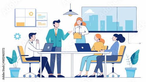 Group of financial experts studying market growth and decline in upscale office interior. Business professionals examining investment charts and economic performance trends.

