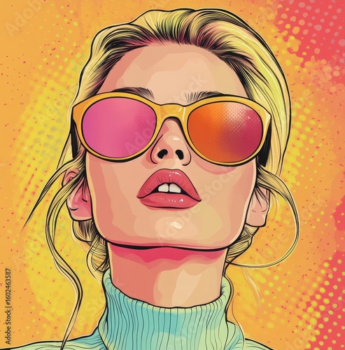Pop art retro-style illustration featuring a stylish young blonde woman wearing sunglasses, set against a vibrant and colorful background, Generative AI