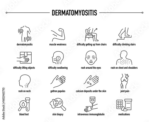 Dermatomyositis, diagnostic and treatment vector icon set. Line editable medical icons