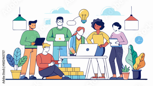 Group of young business people brainstorming in modern office with laptops and stationery. Multicultural coworkers planning startup strategy in creative workspace.

