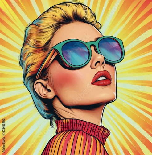 Pop art retro-style illustration featuring a stylish young blonde woman wearing sunglasses, set against a vibrant and colorful background, Generative AI