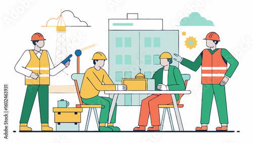 Construction workers discussing blueprints on building site with crane and machinery in background. Engineers collaborating on construction project at table outdoors.

