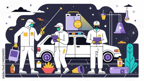 Crime scene investigators collecting forensic evidence at night with flashing police car lights. Professional forensic team in protective suits working at crime scene investigation site.

