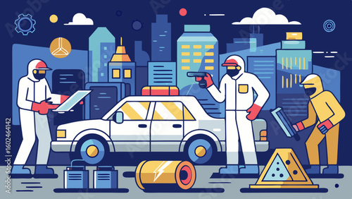 Crime scene investigators collecting forensic evidence at night with flashing police car lights. Professional forensic team in protective suits working at crime scene investigation site.

