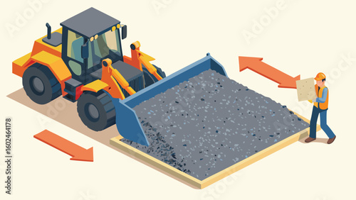 Isometric illustration of a loader filling a container with gravel and a worker nearby holding a plan
