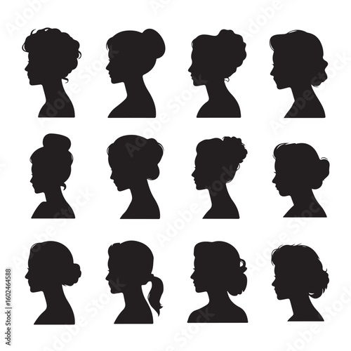Twelve Black Silhouette Profiles of Women with Various Hairstyles