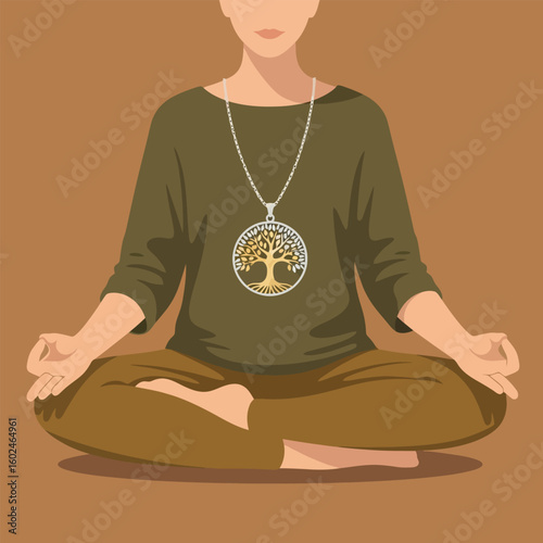 Meditating Woman in Olive Shirt Wearing Silver Tree Necklace