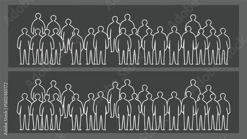 Two rows of white outline figures on dark grey background